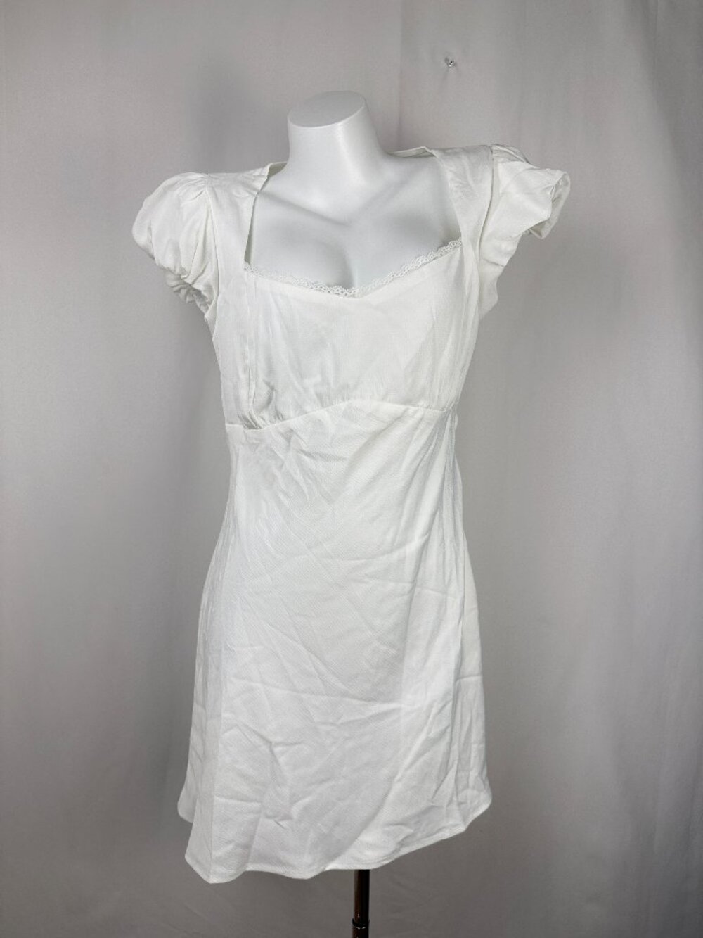 Boutique Womens Ivory Puff Sleeve Cutout Open Back Lace Trim Mini Dress No Tag